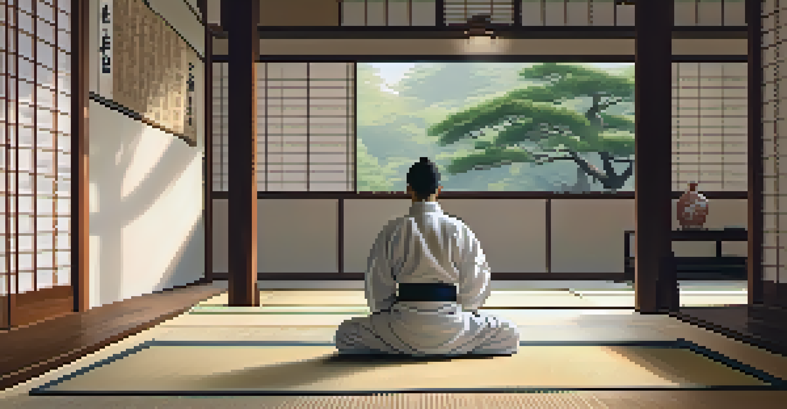 A judo practitioner meditating on a tatami mat in a serene dojo environment.
