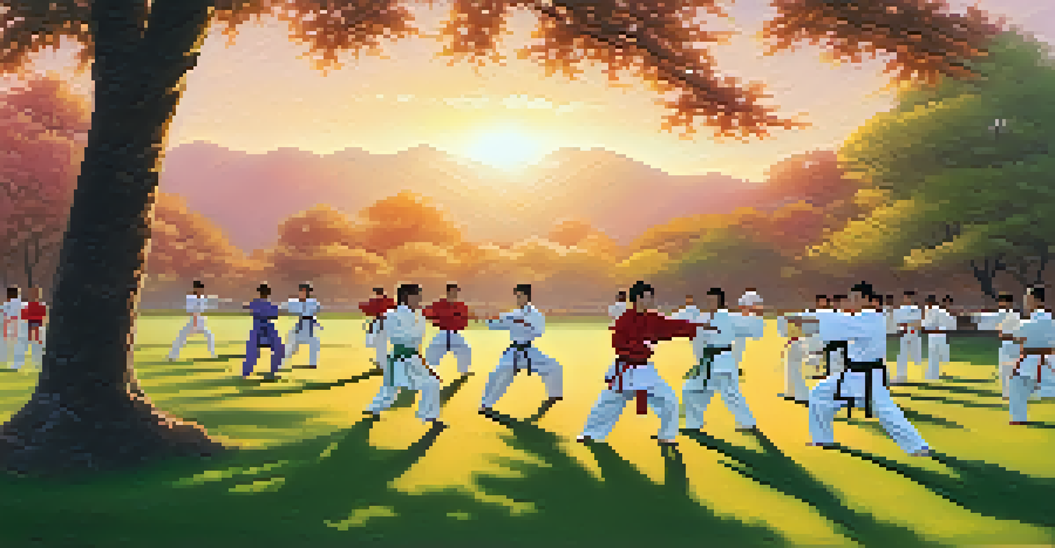 Students practicing tai chi in a park at sunset, with a colorful sky and lush green grass in the background.