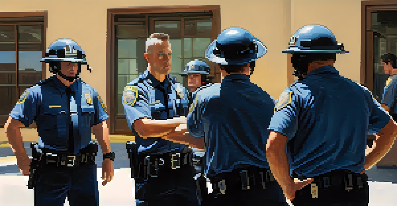 A group of law enforcement officers practicing a de-escalation drill, emphasizing communication and teamwork in a realistic training environment.