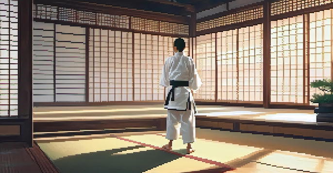 A peaceful martial arts dojo at sunrise, featuring a practitioner in a white gi performing a kata.