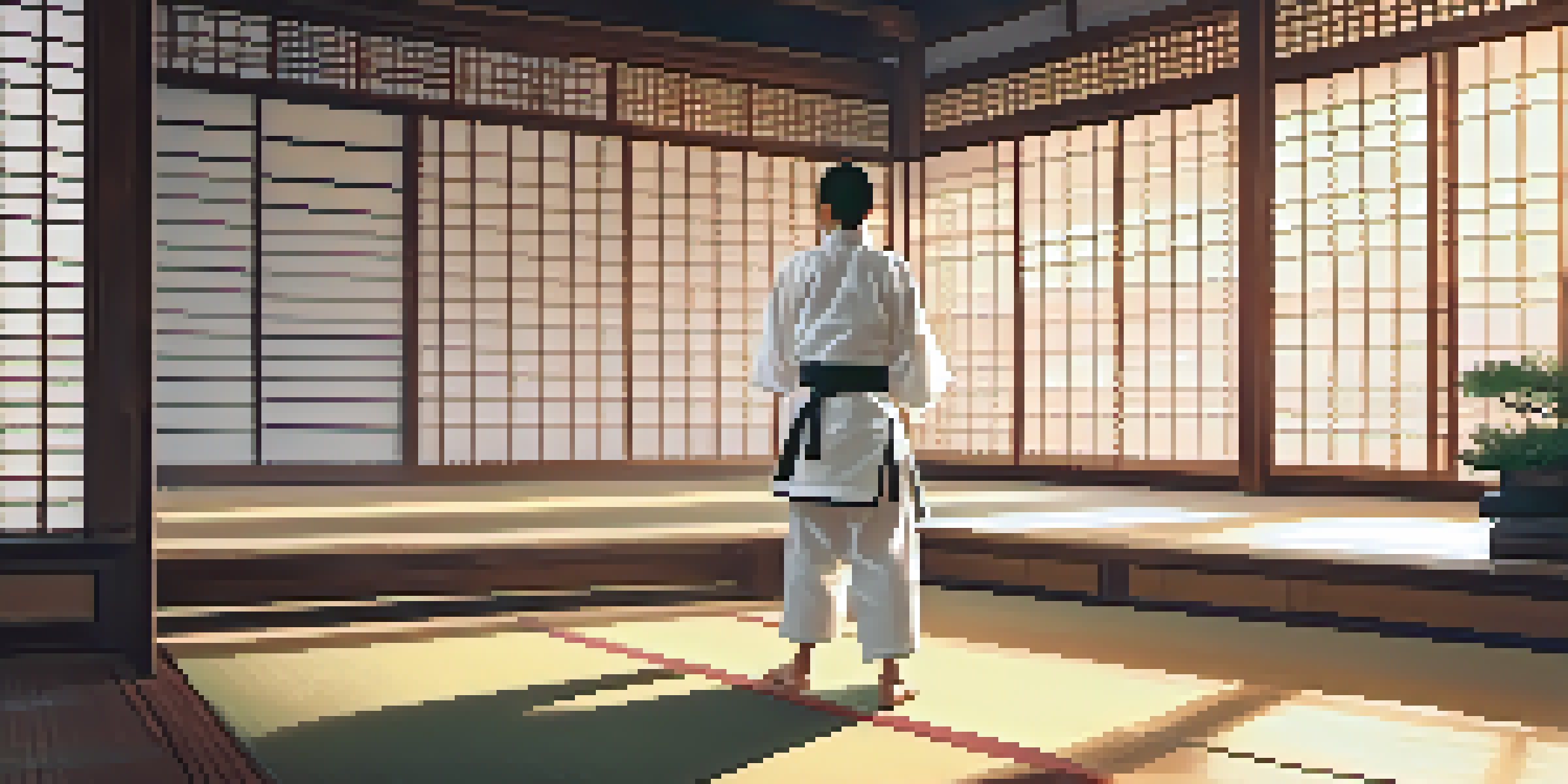 A peaceful martial arts dojo at sunrise, featuring a practitioner in a white gi performing a kata.