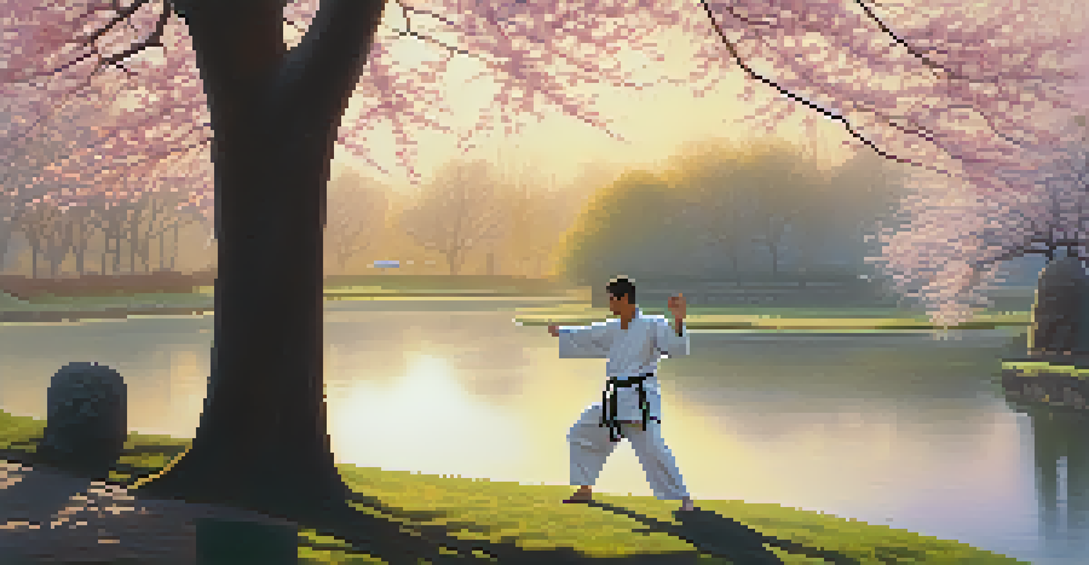 A martial artist practicing Tai Chi in a peaceful park at dawn, surrounded by cherry blossoms.