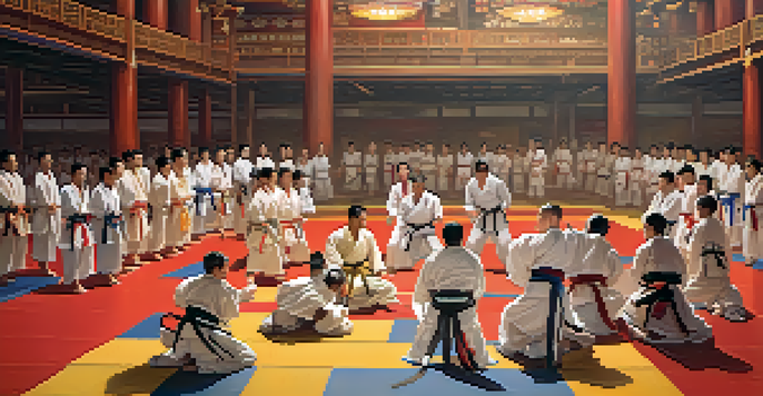 A lively martial arts competition showing athletes from different cultures in traditional outfits, competing on a dojo floor with banners in the background.