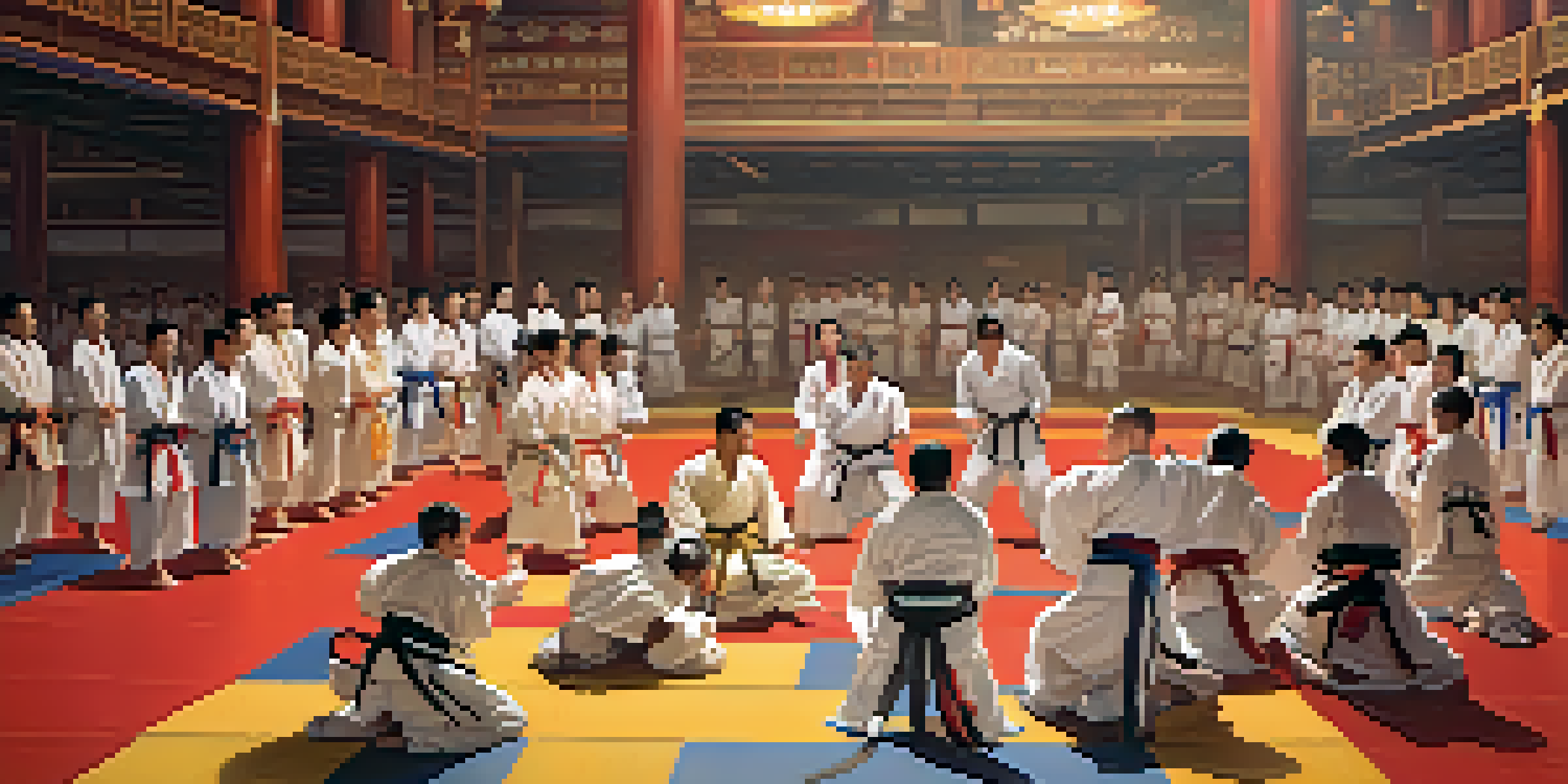 A lively martial arts competition showing athletes from different cultures in traditional outfits, competing on a dojo floor with banners in the background.