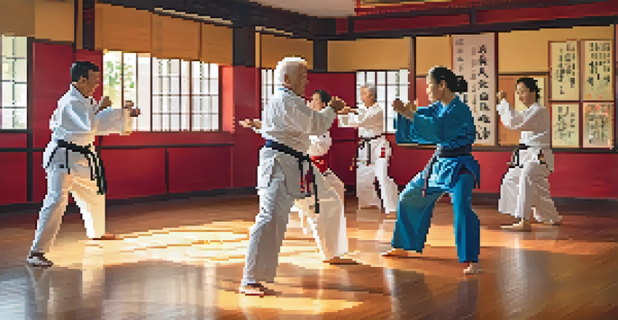 Seniors practicing martial arts in a dojo, showcasing camaraderie and diverse participants.