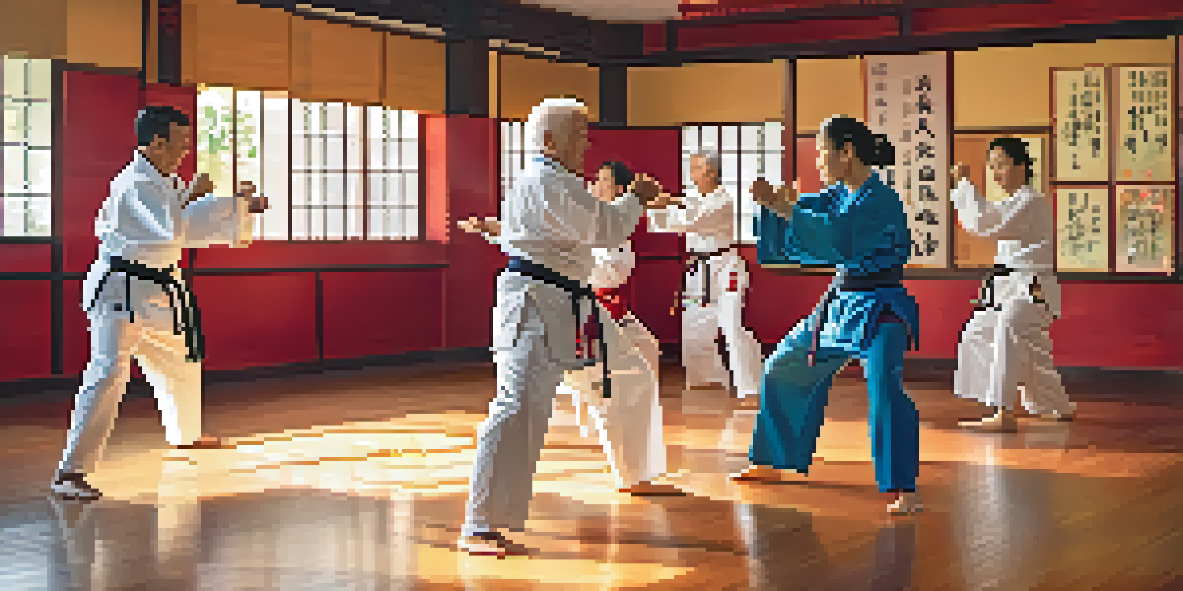 Seniors practicing martial arts in a dojo, showcasing camaraderie and diverse participants.