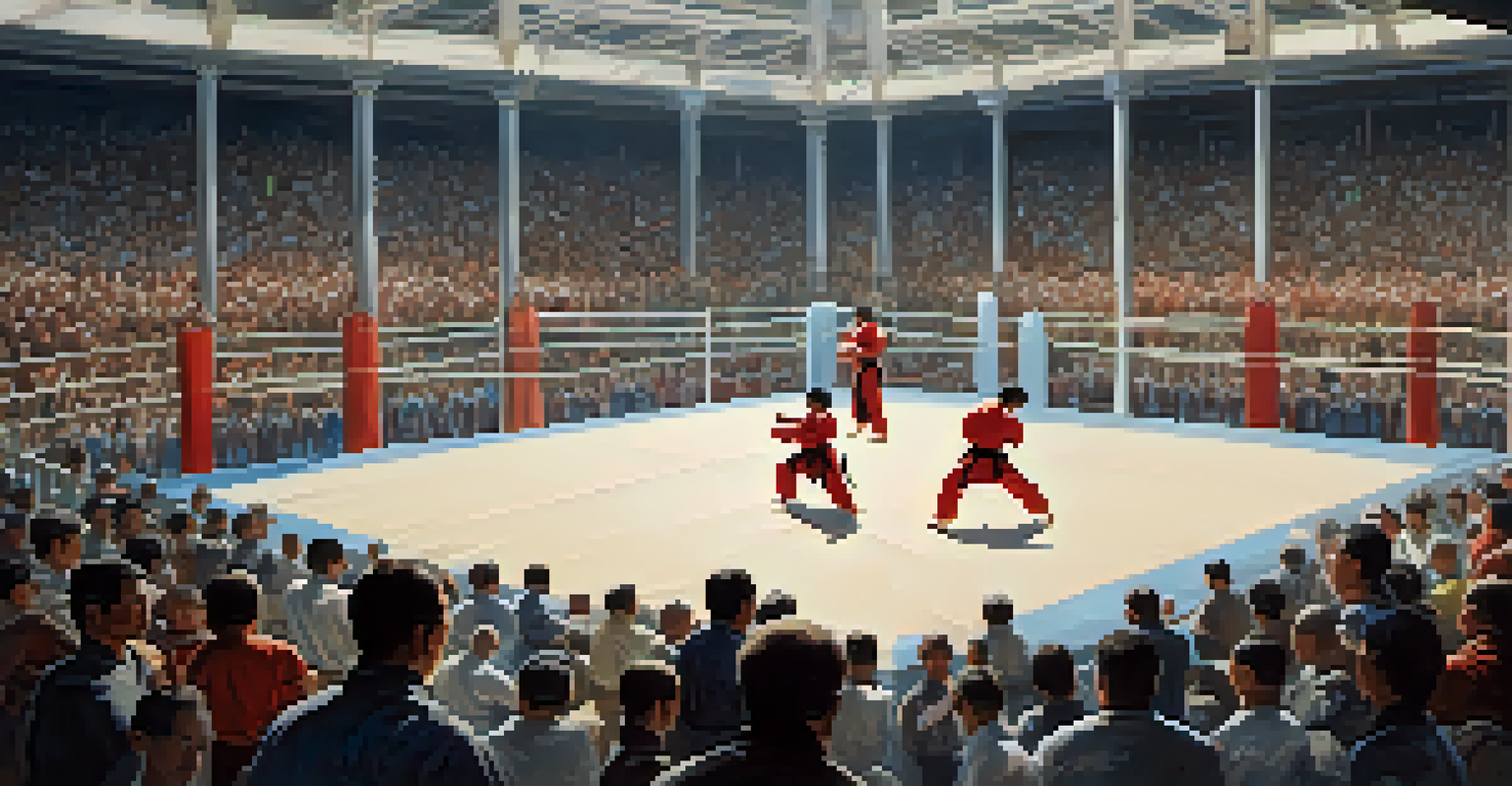 Two martial artists sparring in a tournament setting, showcasing focus and determination with a lively crowd in the background.