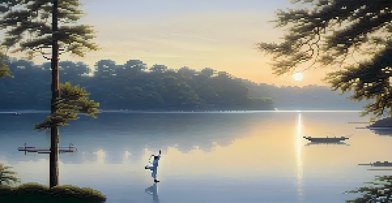 A martial arts practitioner performing Tai Chi at sunrise by a calm lake, surrounded by mist and soft dawn colors.
