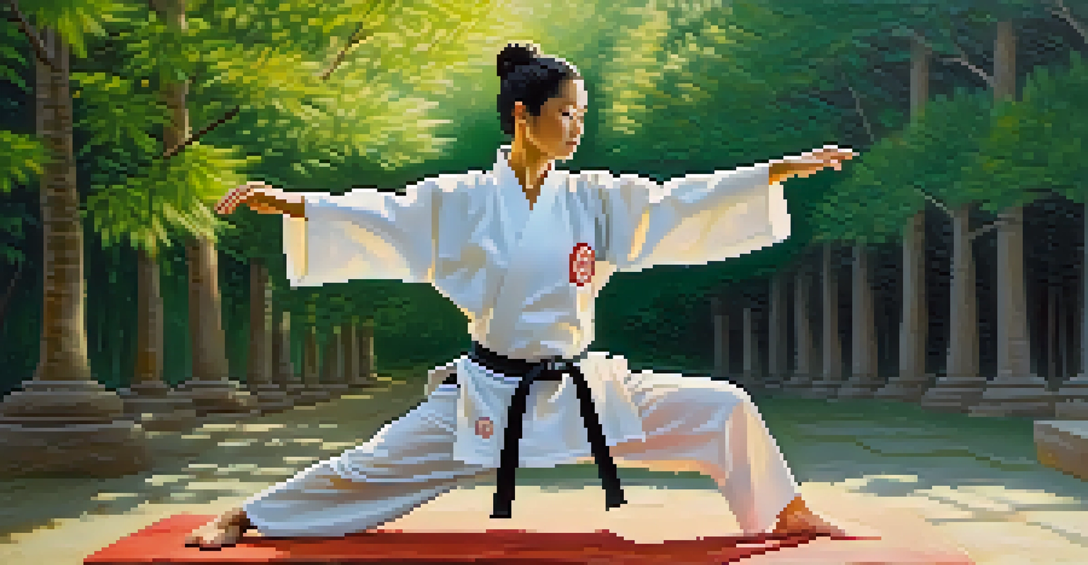 A martial artist performing kata in a serene outdoor setting with greenery and sunlight filtering through the trees.