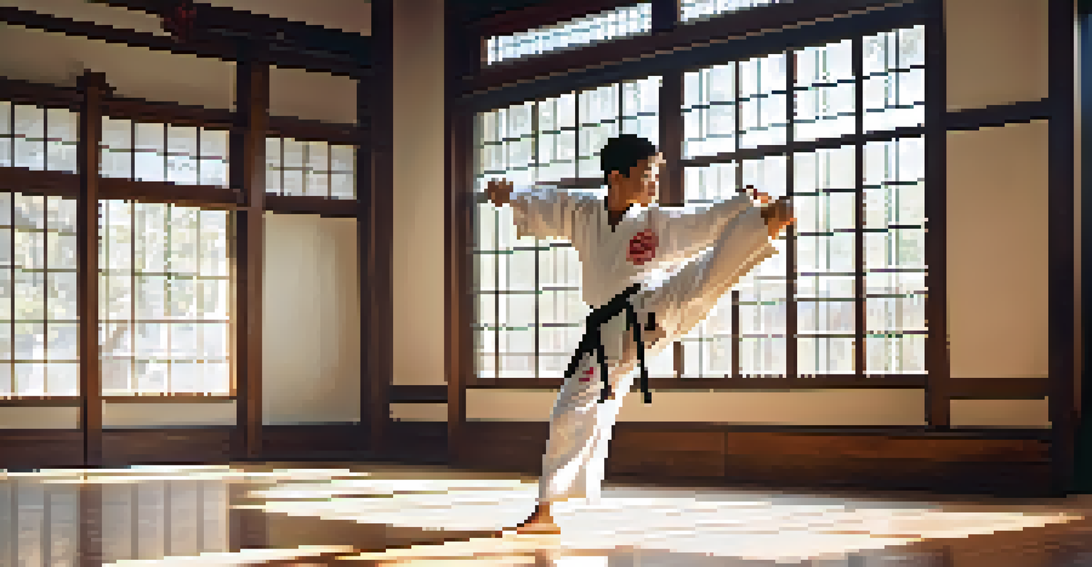 A young martial artist performing a high kick in a dojo, with sunlight illuminating the space and traditional decorations visible.