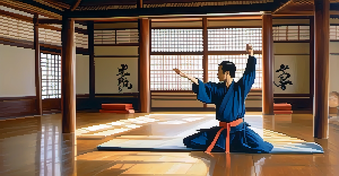 A martial artist performing kata in a tranquil dojo, illuminated by sunlight, with a wooden floor and calligraphy on the walls.