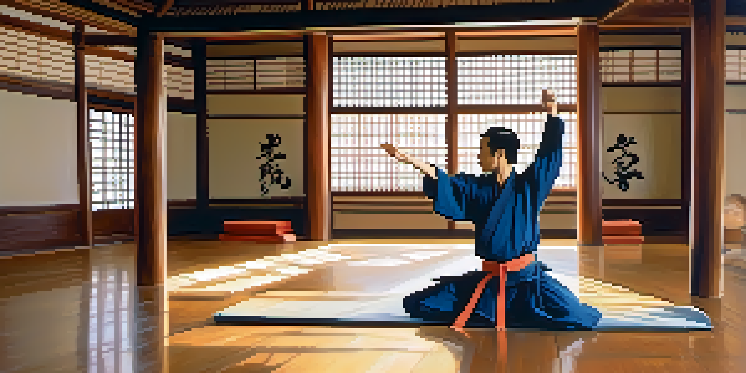 A martial artist performing kata in a tranquil dojo, illuminated by sunlight, with a wooden floor and calligraphy on the walls.