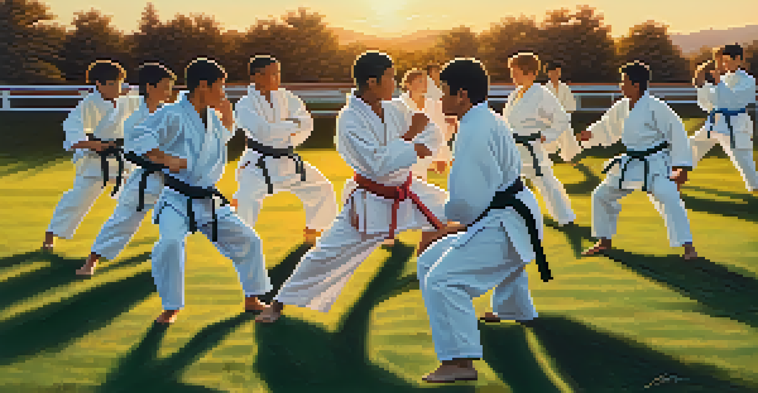 A group of judo students practicing outdoors at sunset, with colorful belts and a vibrant sky in the background.