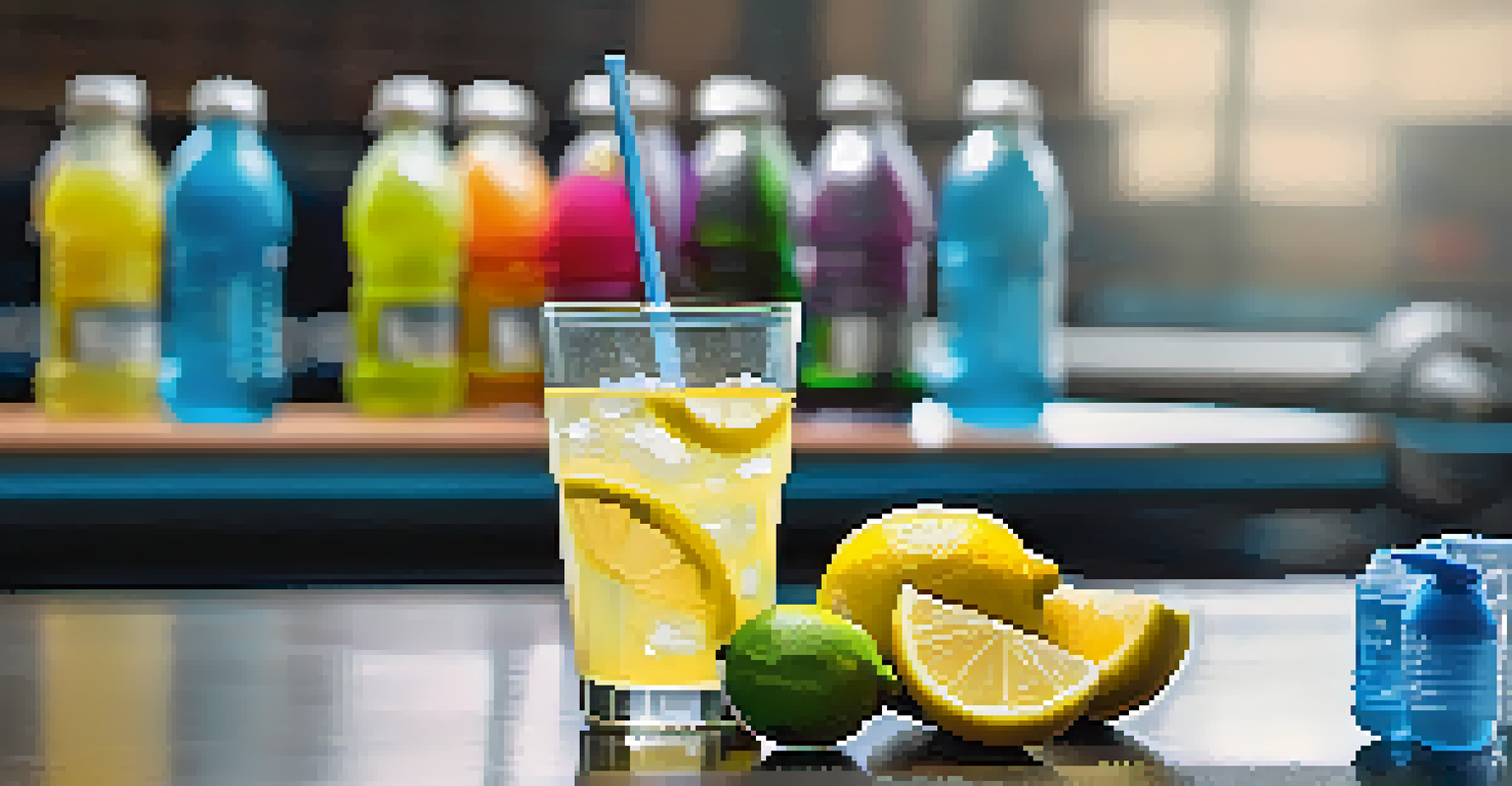 A glass of water with ice and lemon next to a sports bottle filled with an electrolyte drink on a gym bench.
