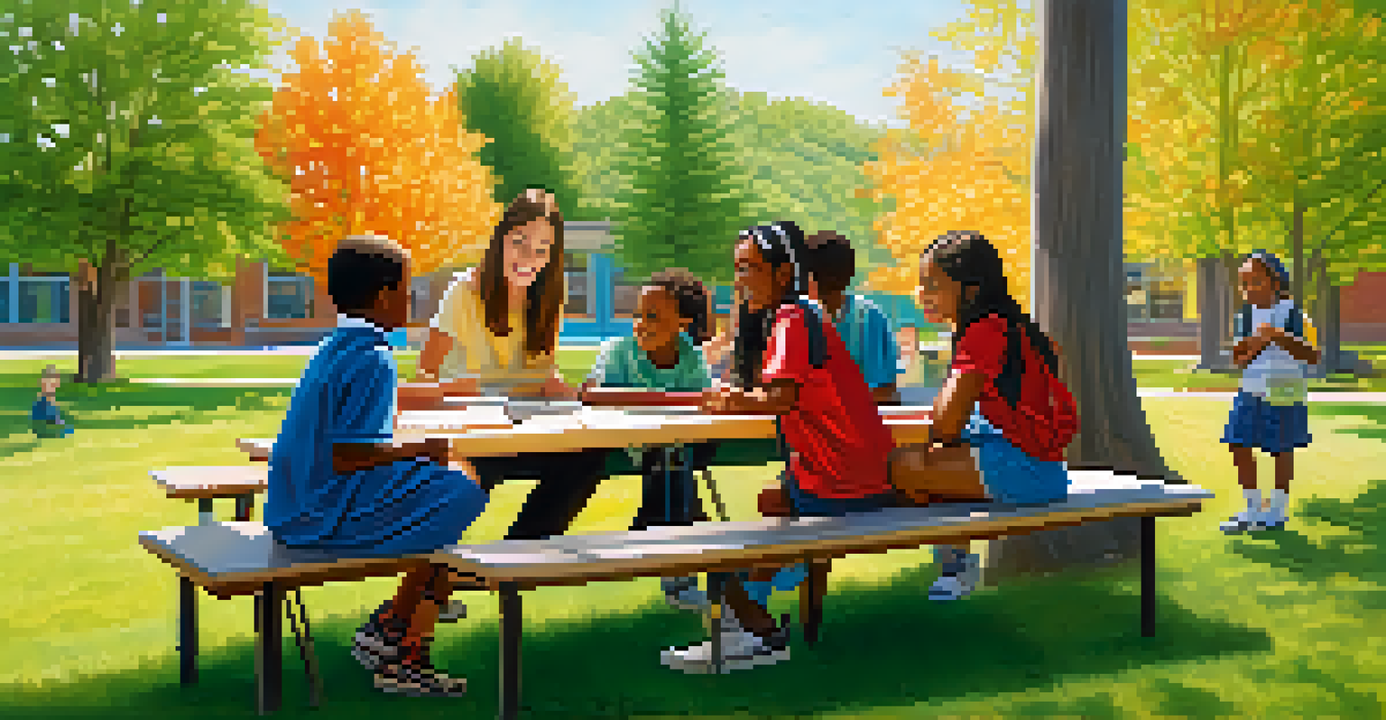 Older students mentoring younger ones in a schoolyard, demonstrating a game and fostering community.