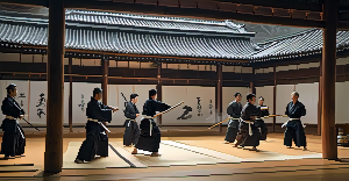 A traditional martial arts dojo filled with diverse practitioners practicing kata, with natural light illuminating the wooden floors and calligraphy on the walls.