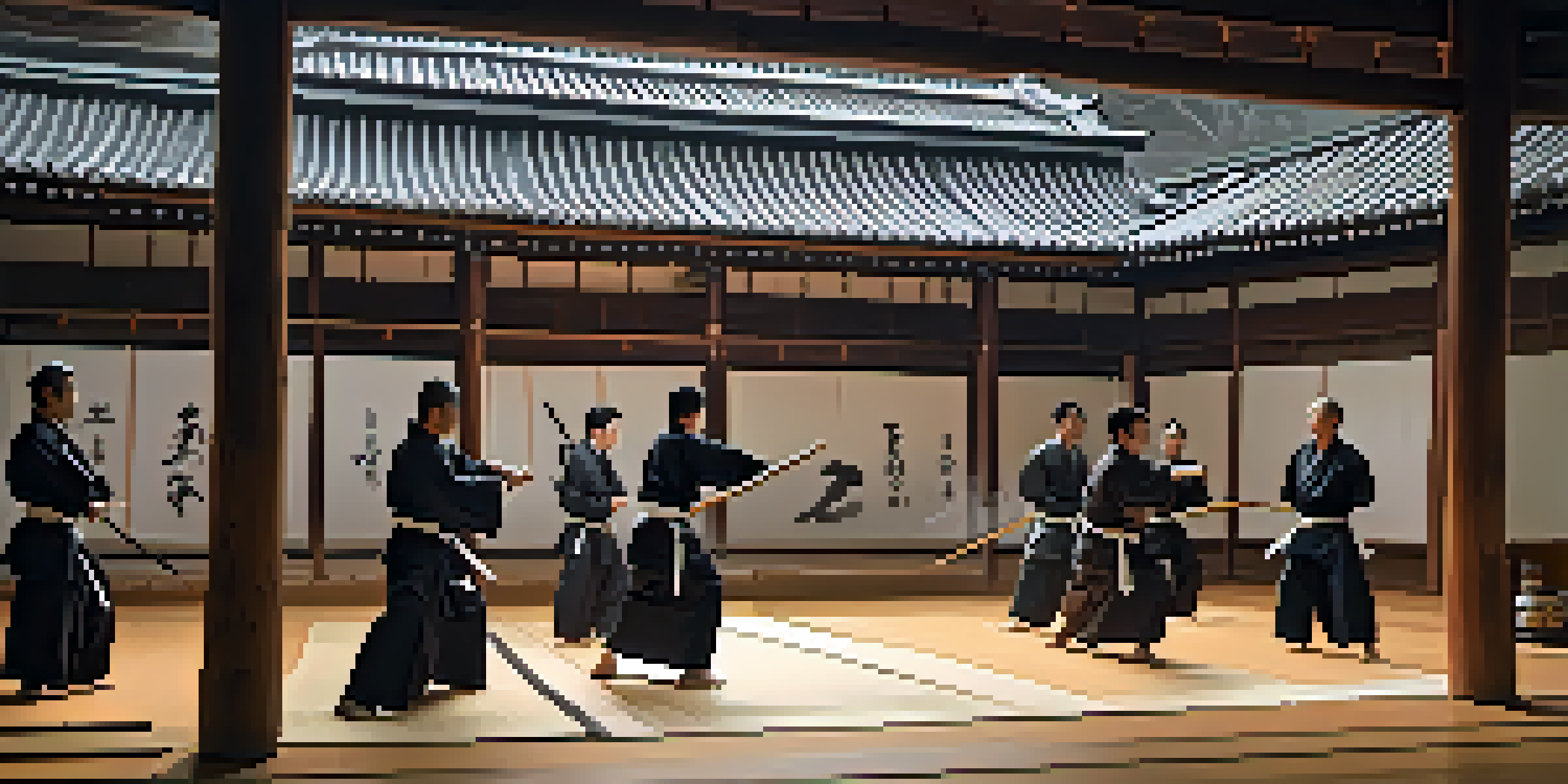 A traditional martial arts dojo filled with diverse practitioners practicing kata, with natural light illuminating the wooden floors and calligraphy on the walls.