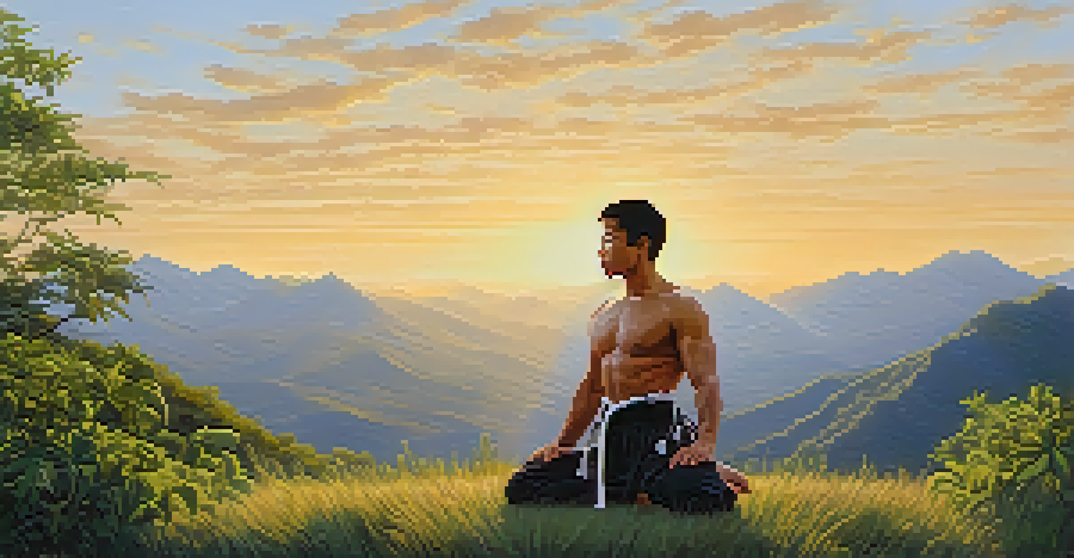 A martial artist practicing breathing techniques outdoors during sunset, surrounded by nature.