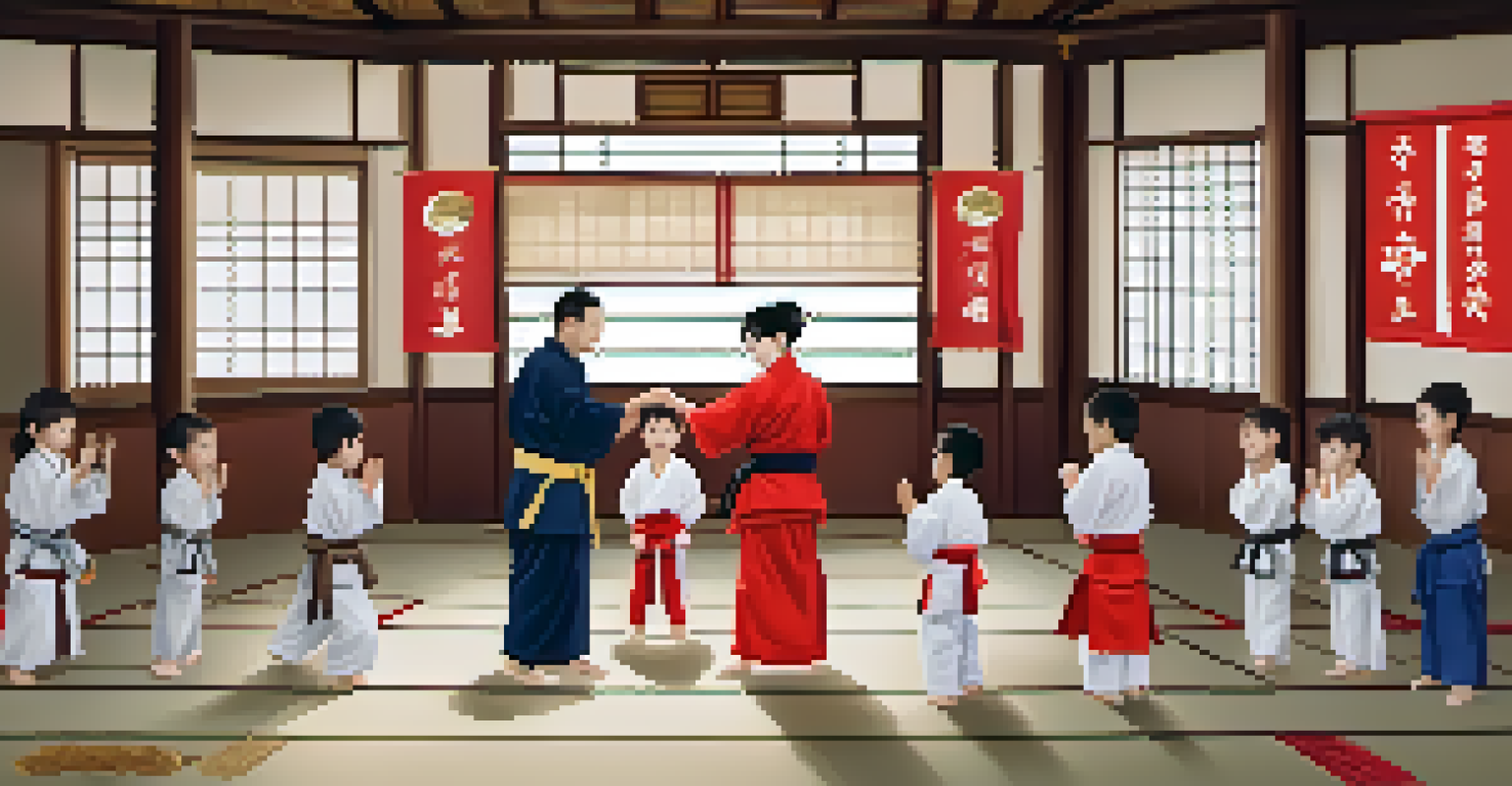 A family celebrating a belt promotion in a dojo, with smiles and applause for the child receiving a new belt.