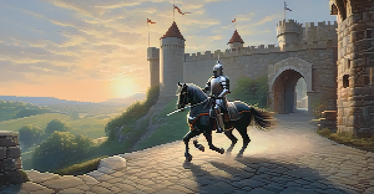A knight practicing swordsmanship in a medieval castle courtyard at sunset.