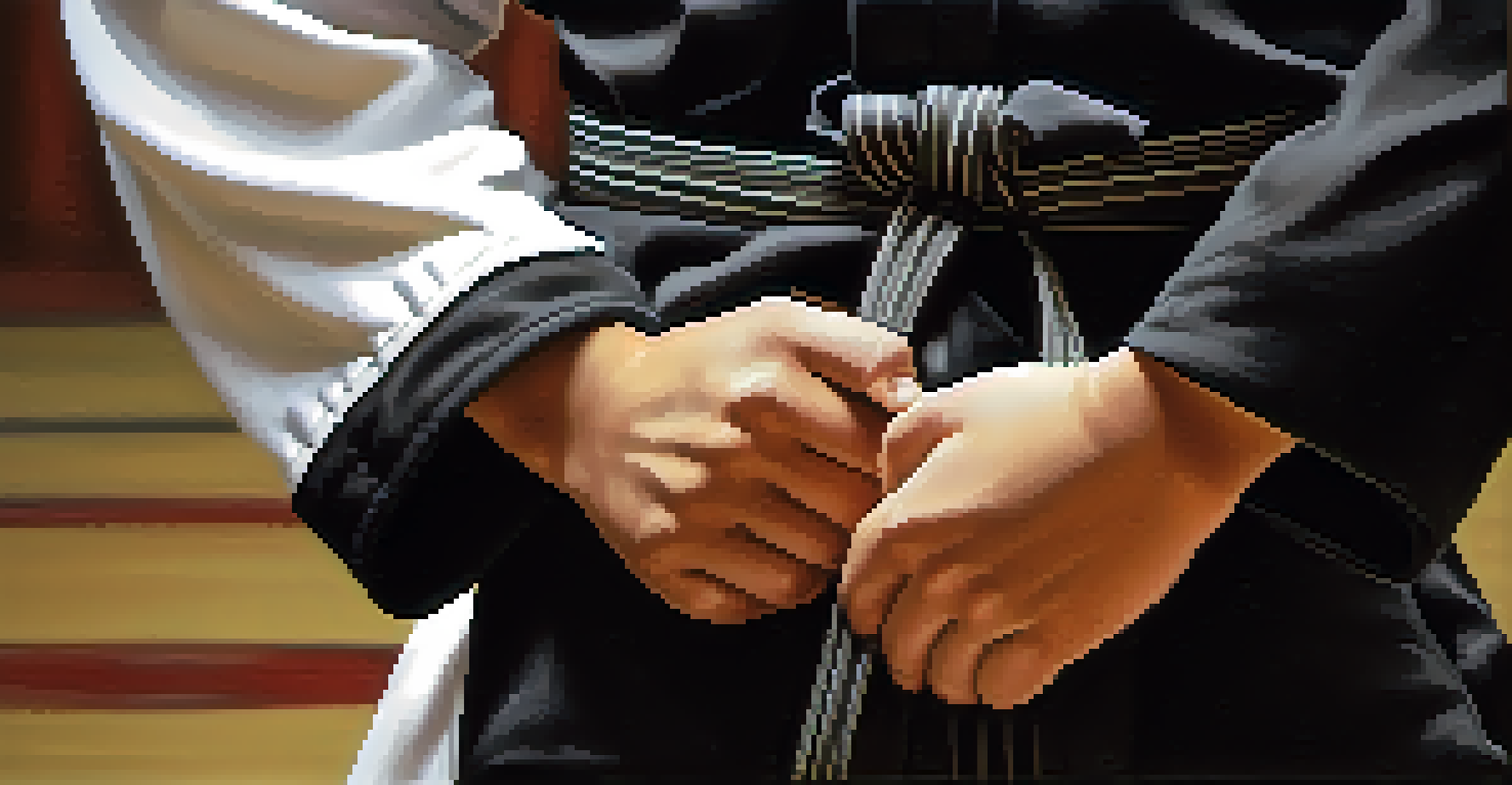 A young martial artist tying a black belt around their waist, with dojo elements in the background.