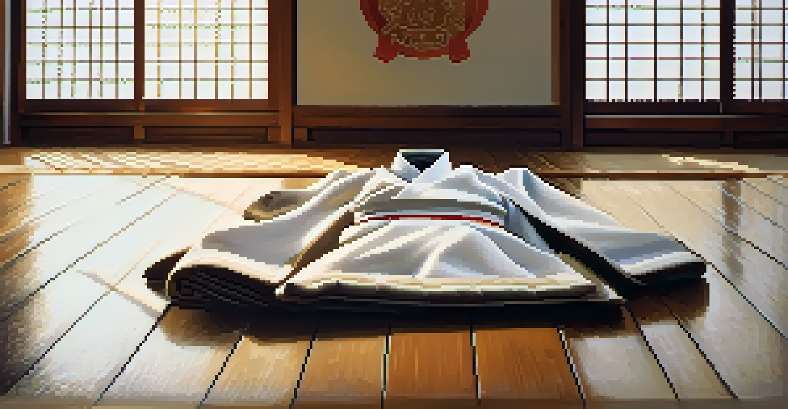 A close-up of a traditional martial arts gi on a wooden dojo floor, showcasing embroidered symbols and soft lighting.