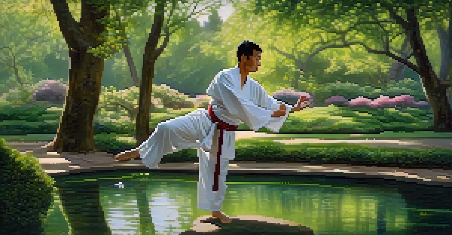 A martial artist practicing Tai Chi in a serene park, surrounded by greenery and a pond, with soft sunlight filtering through the trees.
