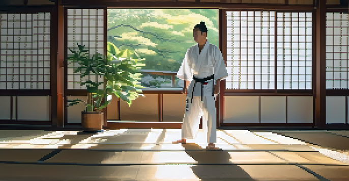 A martial artist in a traditional gi practicing breath control in a tranquil dojo, with sunlight filtering through shoji screens and plants around.