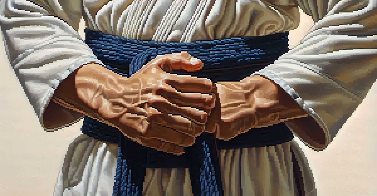 Close-up of a martial artist's hands gripping a dojo belt, showcasing the texture and signs of wear.