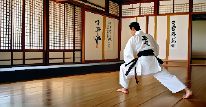 A martial artist practicing in a tranquil dojo with natural light and decorative scrolls.