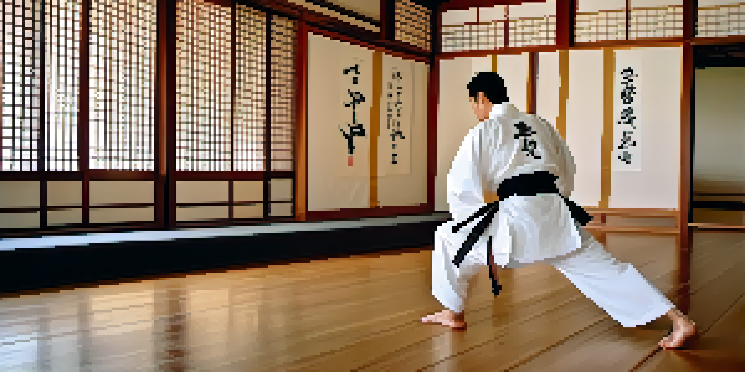 A martial artist practicing in a tranquil dojo with natural light and decorative scrolls.