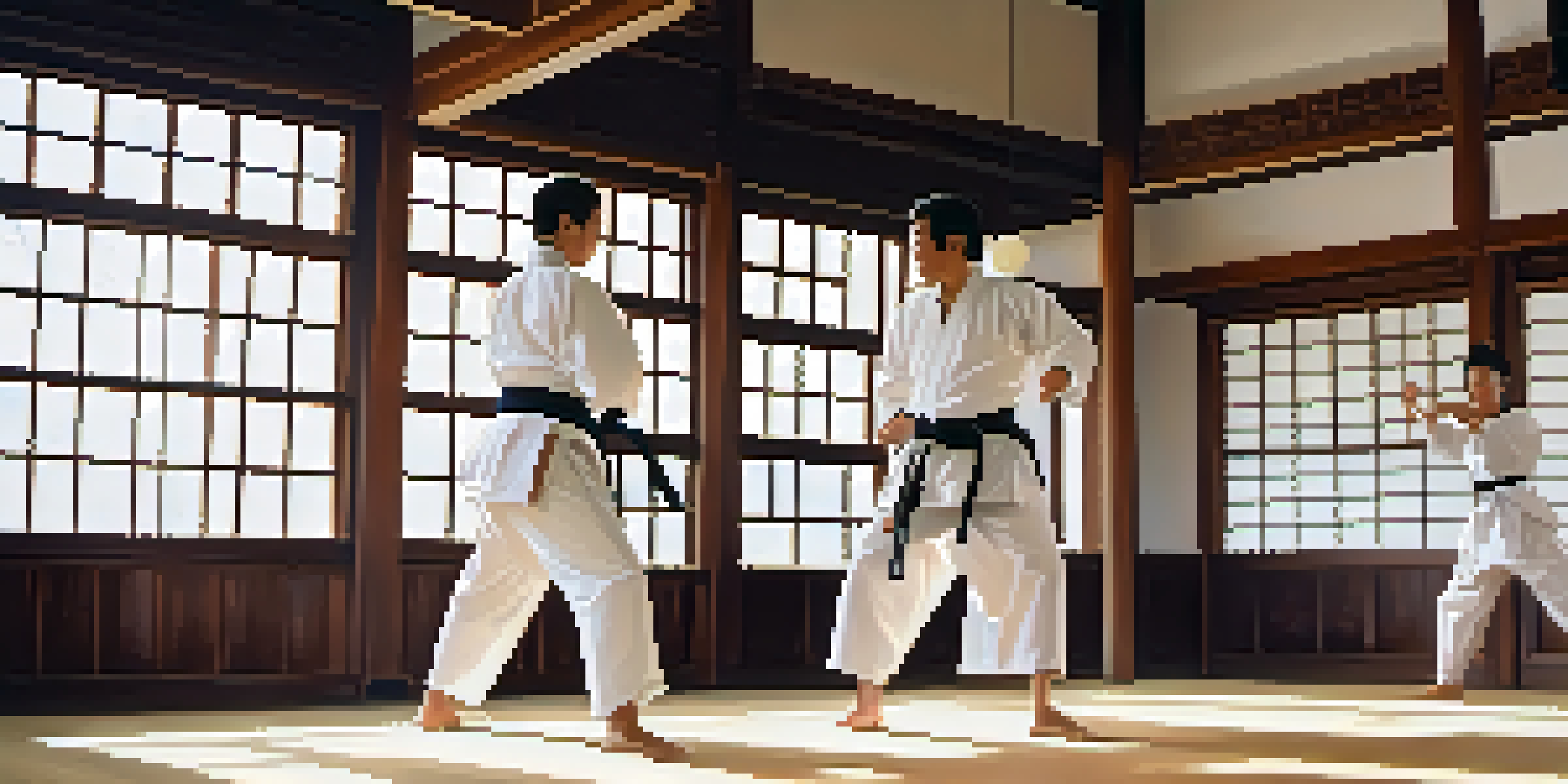 A diverse group of martial artists practicing techniques in a traditional dojo filled with natural light, highlighting a martial artist executing a kick in a white gi.