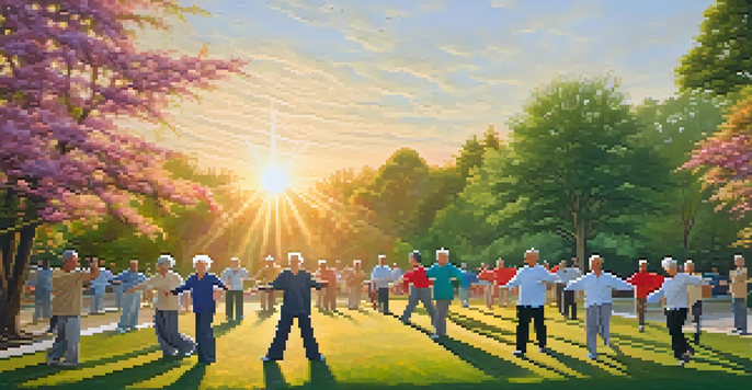 Seniors practicing Tai Chi in a park during sunset, surrounded by trees and flowers.