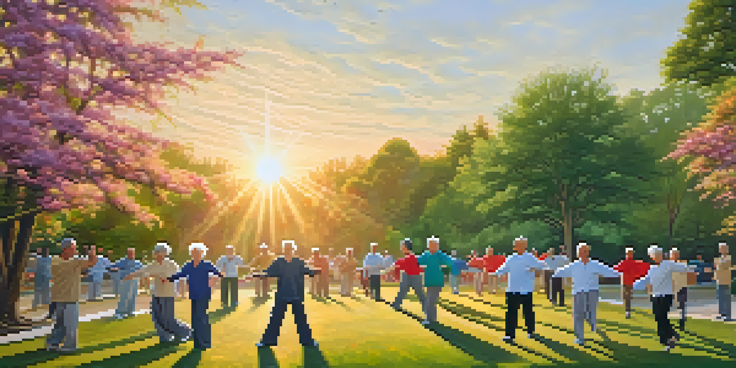 Seniors practicing Tai Chi in a park during sunset, surrounded by trees and flowers.