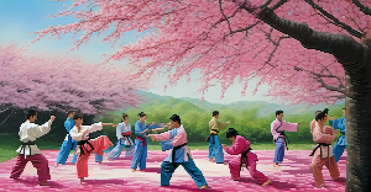 A group of martial artists training under a cherry blossom tree, with petals falling around them.