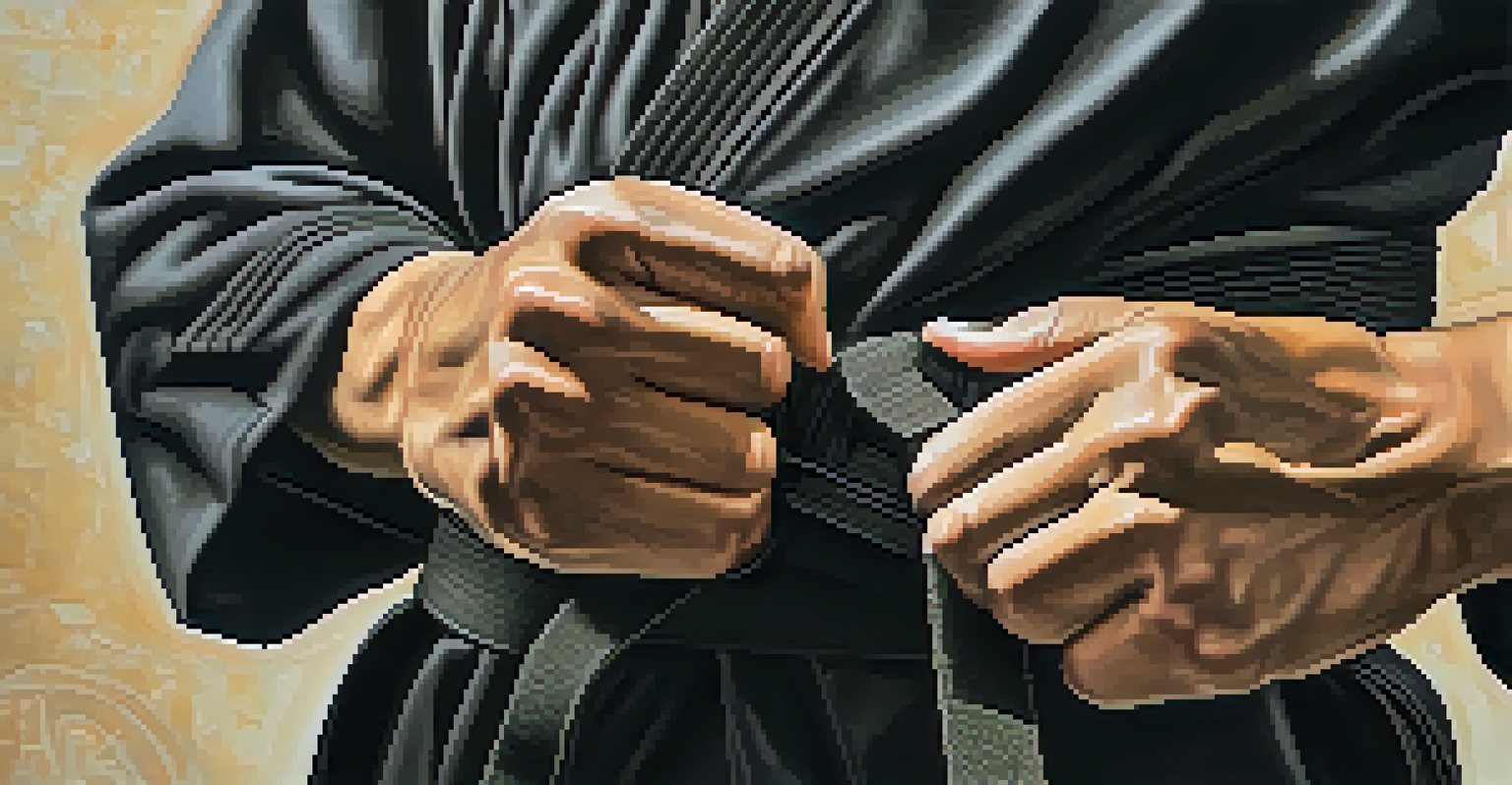 A close-up of a martial artist's hand holding a black belt, representing discipline and achievement.