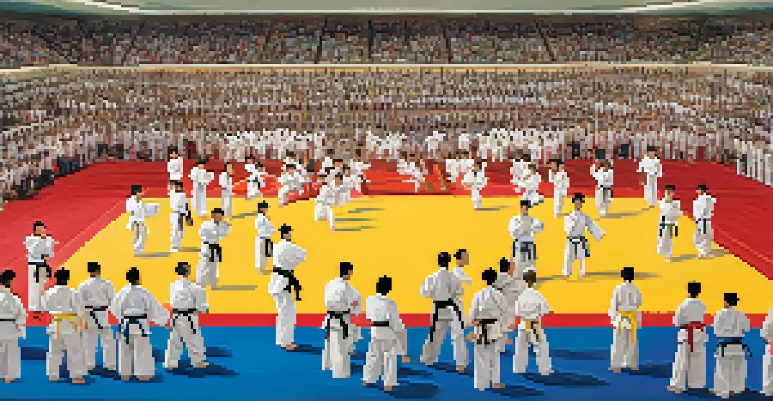 A charity martial arts tournament with spectators cheering for competitors, highlighting community spirit and support.