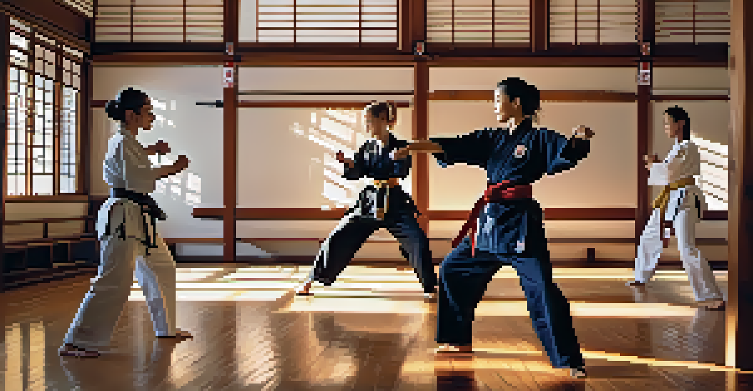 A female martial arts instructor demonstrating a technique to students in a well-lit dojo.