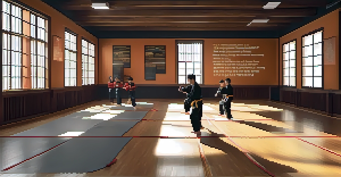 A diverse group of young martial artists training in a welcoming dojo with soft natural light and motivational quotes on the walls.