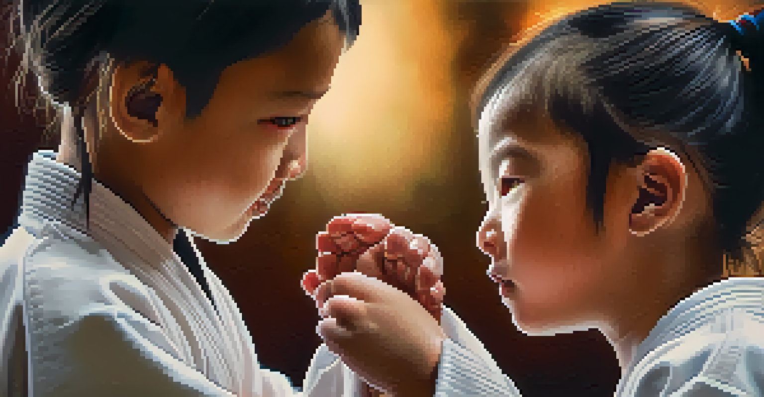 A parent encouraging a child during martial arts training, showcasing support and connection.