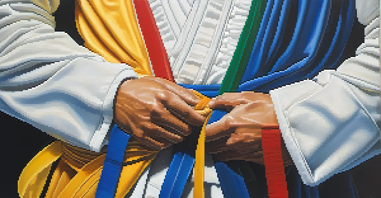 A close-up of hands tying a martial arts belt, highlighting the fabric and the practitioner's focused expression.