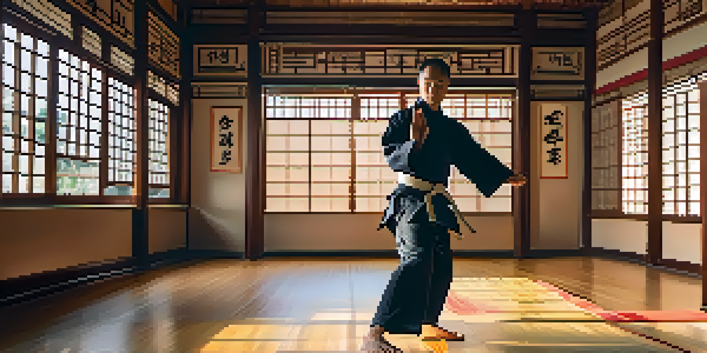 A tranquil dojo with a martial artist performing tai chi in the morning light, surrounded by traditional decor and calligraphy.