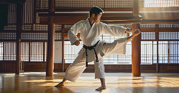 A martial artist performing a high kick in a dojo, with sunlight filtering through wooden slats, emphasizing their focus and determination.