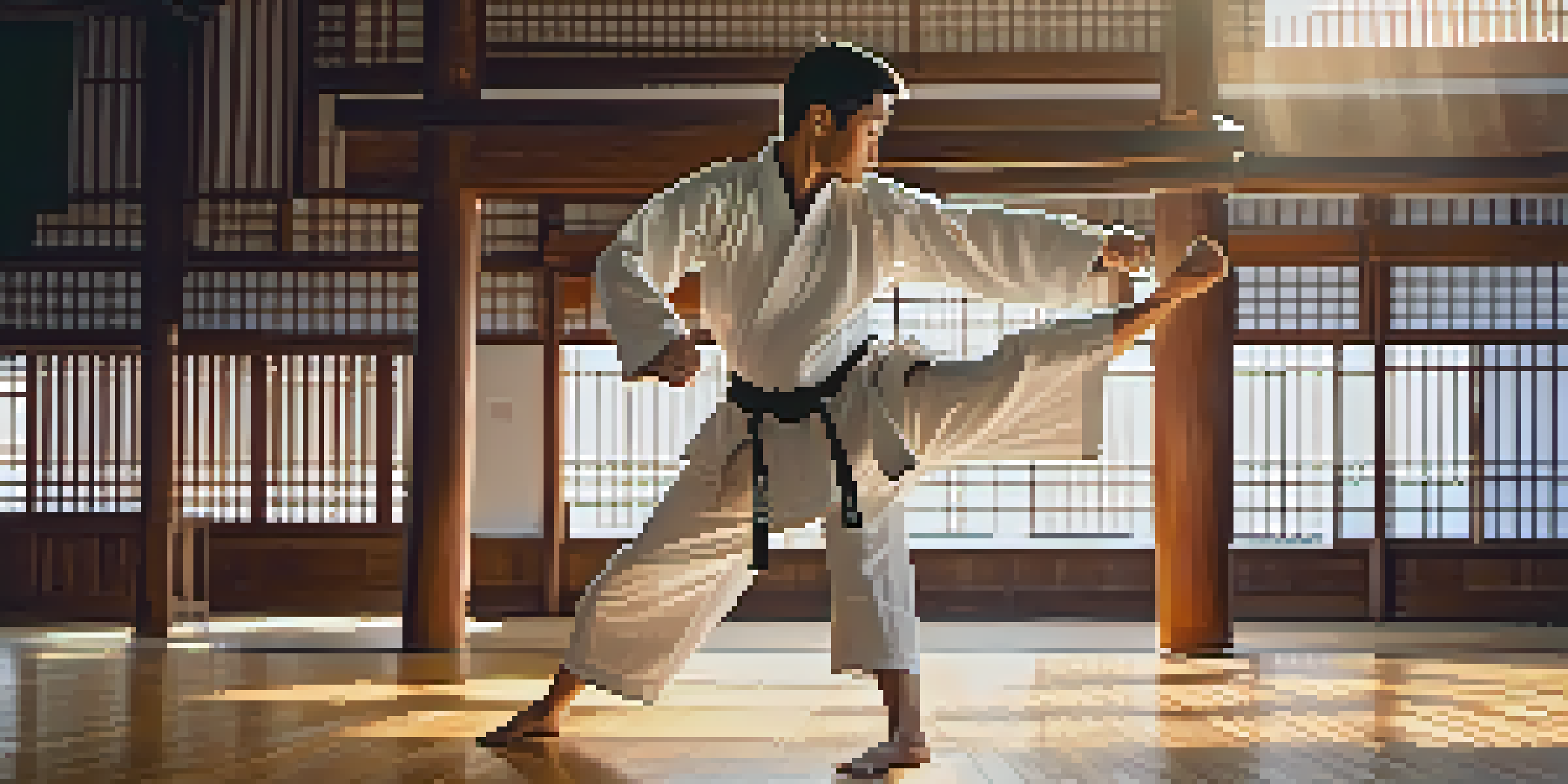 A martial artist performing a high kick in a dojo, with sunlight filtering through wooden slats, emphasizing their focus and determination.