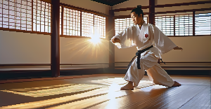 A martial artist in a traditional gi executing a slow-motion kick in a sunlit dojo, surrounded by bamboo and a zen garden.