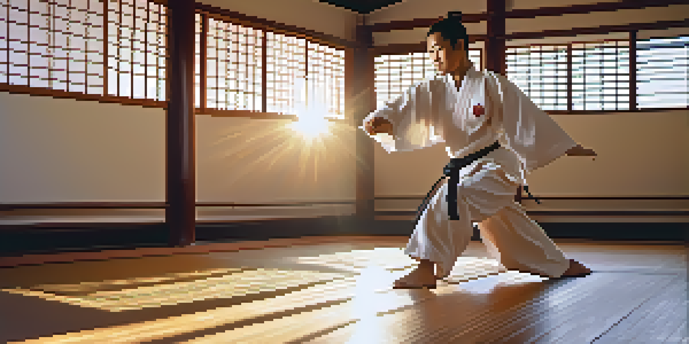 A martial artist in a traditional gi executing a slow-motion kick in a sunlit dojo, surrounded by bamboo and a zen garden.