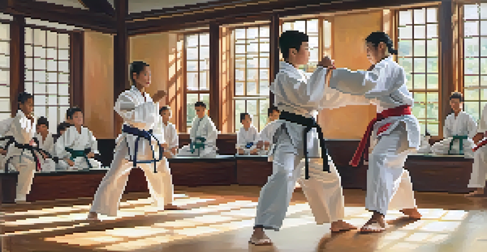 A community center martial arts class with diverse students practicing karate under bright natural light, led by an instructor demonstrating a technique.