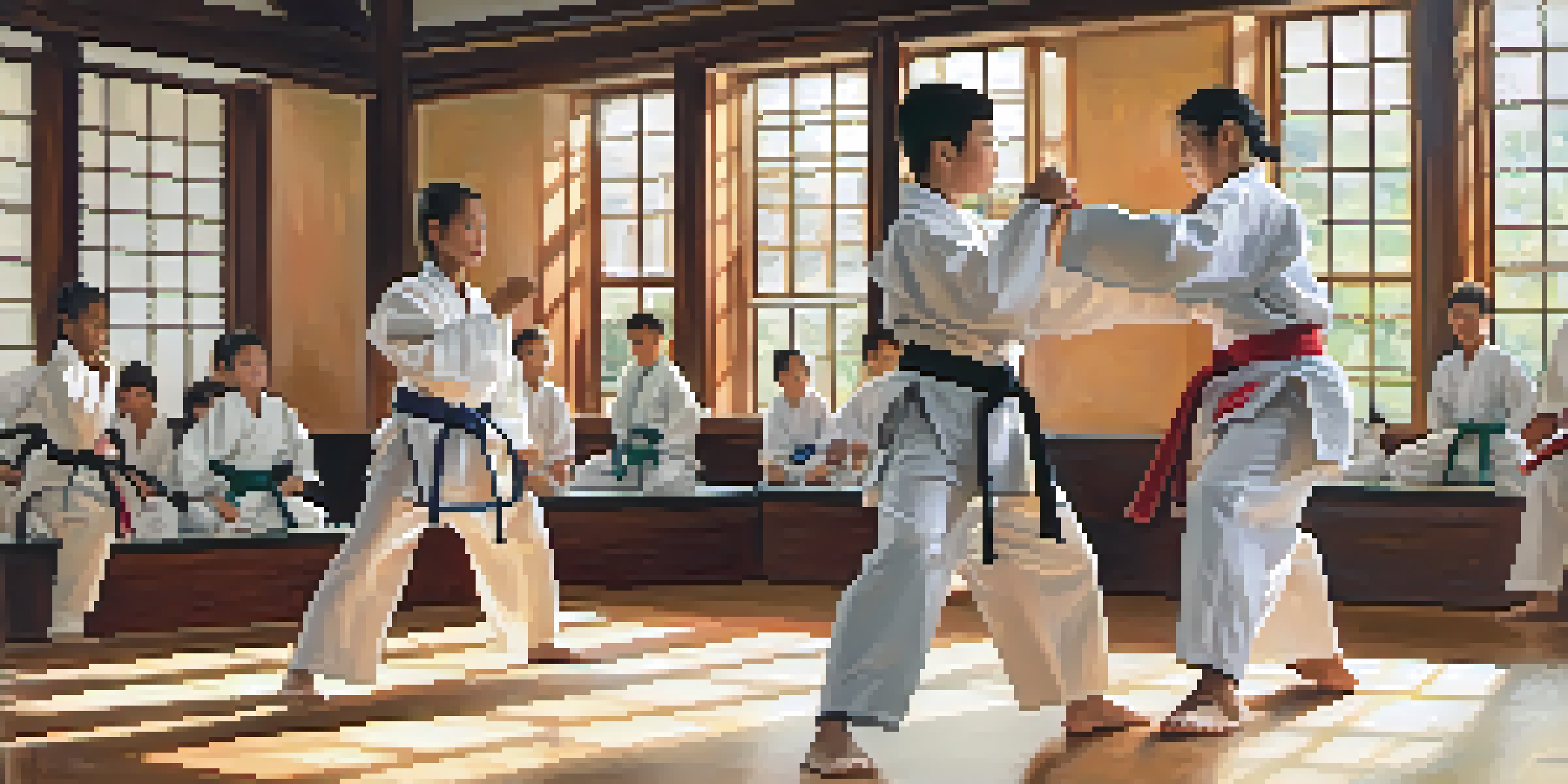 A community center martial arts class with diverse students practicing karate under bright natural light, led by an instructor demonstrating a technique.