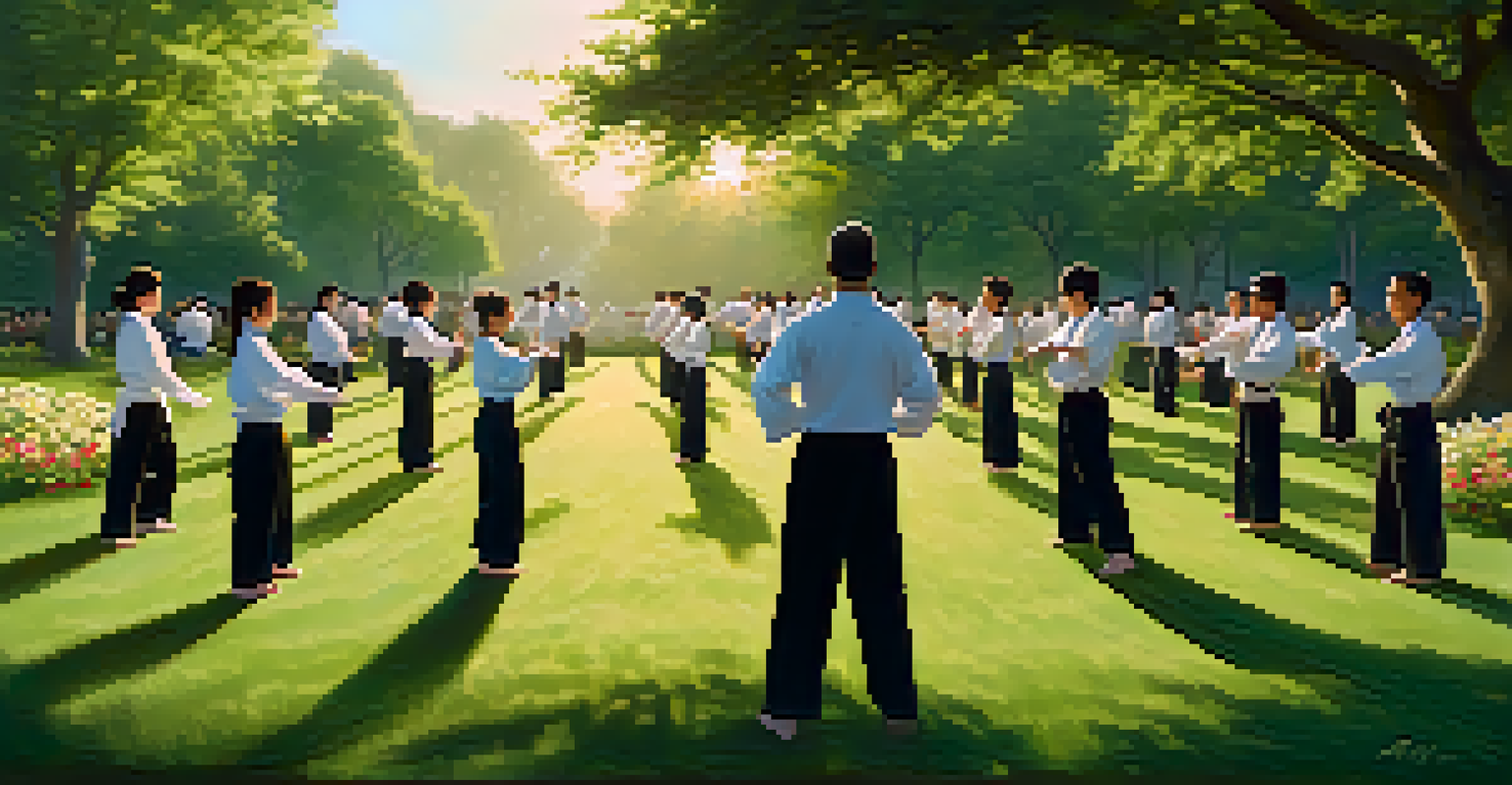 An outdoor martial arts class in a park during golden hour, with practitioners practicing together, surrounded by nature.