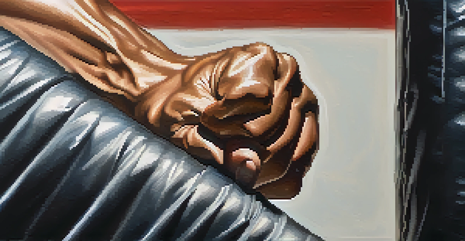 A close-up of a martial artist's hand on a punching bag, highlighting the determination and effort in their training.